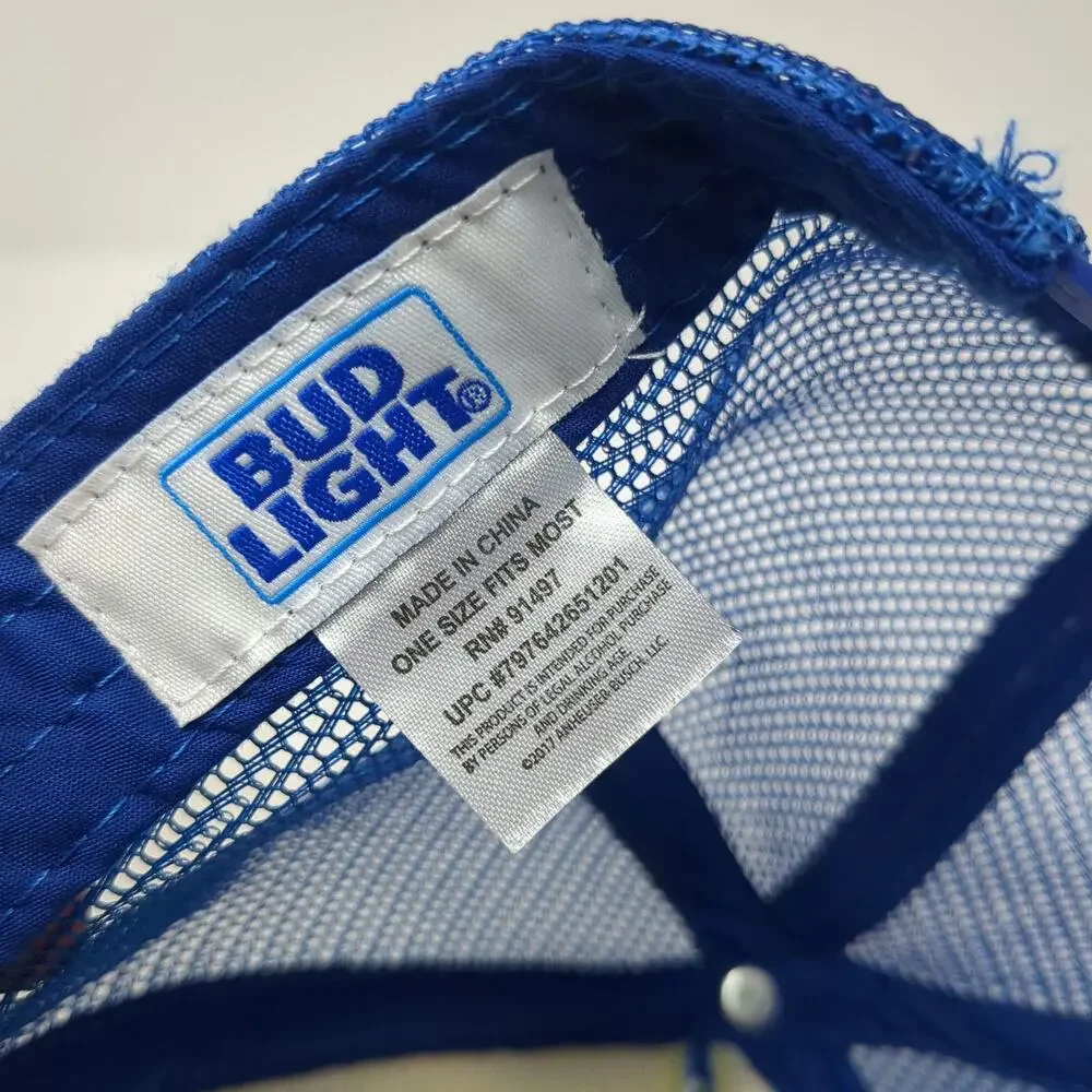 Bud Light Trucker Hat Blue OSFM Snapback Foam Beer Can All Over Print Graphic